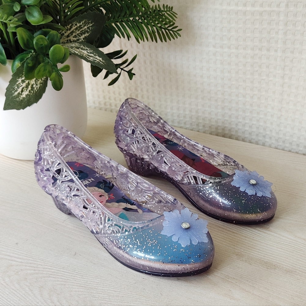 Disney Kids Glitter Purple Jelly Flats with Blue Flower Accent